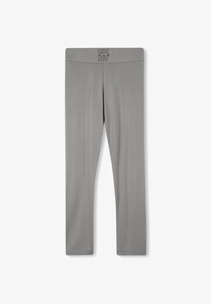 Leggings gris en tissu extensible. Dotés d'une taille élastique avec logo à l'avant. Texture lisse, design long.