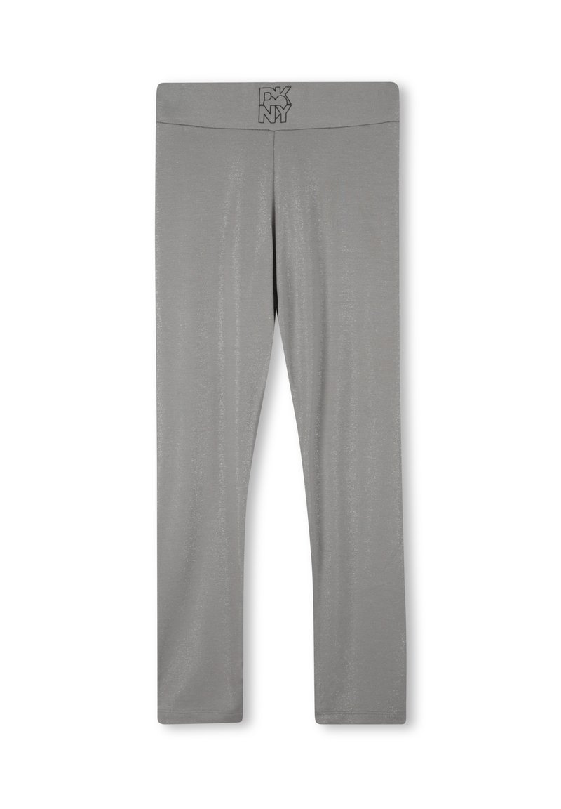 Leggings gris en tissu extensible. Dotés d'une taille élastique avec logo à l'avant. Texture lisse, design long.