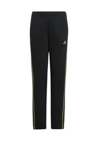 Pantalones deportivos negros con rayas verdes en los costados, cintura elástica y logo de Adidas en la cadera izquierda. Hechos de un tejido suave y transpirable.