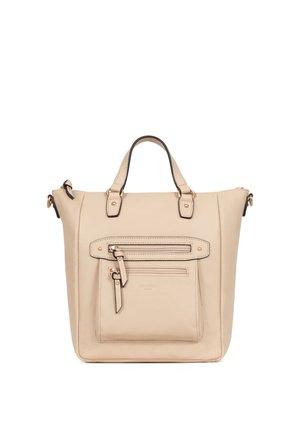 Beżowa skórzana torba na ramię z dwoma krótkimi uchwytami, przednią kieszenią na zamek oraz suwakami i elementami ozdobnymi w kolorze złotym.