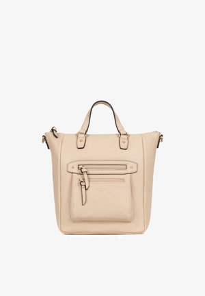 Beige Ledertasche mit zwei kurzen Griffen, einer vorderen Reißverschlusstasche und Reißverschlussanhängern sowie Beschlägen in Goldoptik.