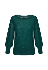 Teeal gestrickter Pullover mit drei Viertelärmel, geripptem Saum und verstreuten Pailletten für zusätzliche Textur und Details.