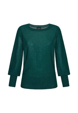 Teal gebreid vest met driekwart mouwen, geribbelde zoom en verspreide pailletten voor extra textuur en detail.