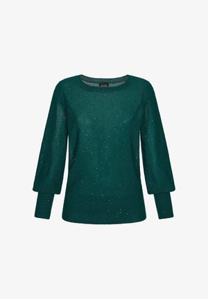 Teal gebreid vest met driekwart mouwen, geribbelde zoom en verspreide pailletten voor extra textuur en detail.