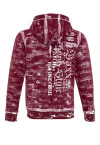 Bordeauxfarbene Kapuzenjacke mit einem distressed Muster, versehen mit weißem Text und Grafiken. Kapuze, lange Ärmel und gerippter Saum sowie Bündchen.