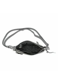 Borsa a tracolla grigia con una sola tracolla, chiusura con zip e interno a stampa nera. Presenta hardware in argento e un design elegante.
