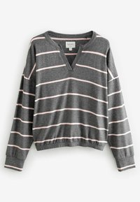 Grijze trui met lange mouwen, V-hals en horizontale roze strepen. Zachte textuur met geribbelde manchetten en zoom, casual cropped ontwerp.