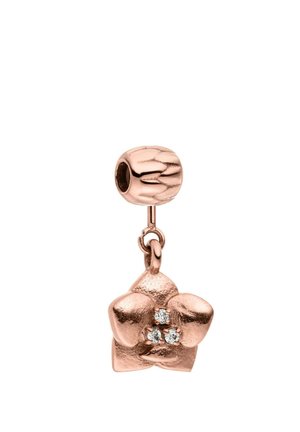 Rose gold flower-shaped charm with three small clear gemstones hanging from a textured round bead with hole for bracelet.