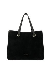 Borsa tote in suede nero con due manici neri testurizzati, hardware color oro e un design minimalista. Presenta un logo discreto alla base.