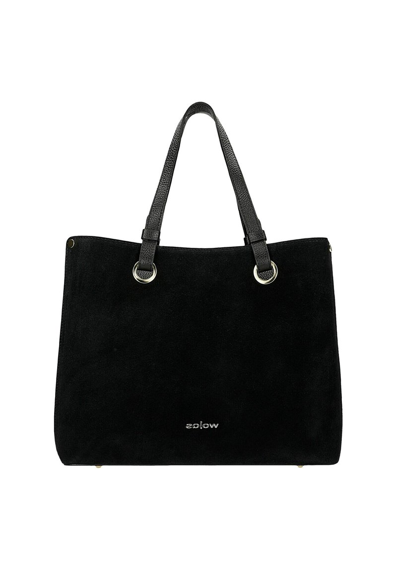 Borsa tote in suede nero con due manici neri testurizzati, hardware color oro e un design minimalista. Presenta un logo discreto alla base.