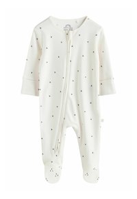 Vitt baby bodysuit i mjuk bomull, med dragkedja fram, långa ärmar och små grå triangelmönster. Fotsydd design och ribbade muddar.