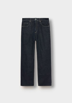 Dark blue denim jeans with a straight-leg cut, front pockets, and contrasting stitching. Features a waistband with a metal button and zipper.
