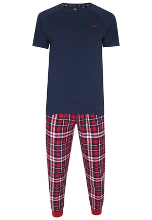 Marineblauwe T-shirt met korte mouwen en een logo; rode geruite pyjamabroek met witte en blauwe accenten; elastische manchetten; mengsel van katoen.
