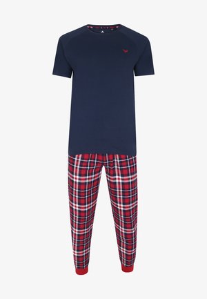 Marineblauwe T-shirt met korte mouwen en een logo; rode geruite pyjamabroek met witte en blauwe accenten; elastische manchetten; mengsel van katoen.