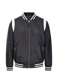 Veste bomber en cuir noir avec des accents blancs sur les épaules, col côtelé et poignets rayés. Comprend des poches latérales et une fermeture à glissière sur le devant.