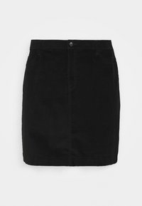 Svart denimkjol med en figurnära design, längd till mitten av låren, framfickor, metallknappstängning och subtila sömdetaljer.