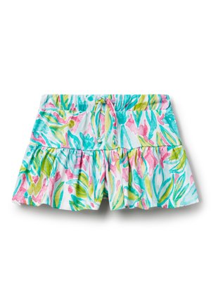 Shorts con stampa floreale in blu, rosa e verde. Presentano un orlo a volants, una vita elasticizzata e un dettaglio con fiocco frontale. Tessuto morbido al tatto.