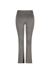 Pantalon ajusté gris pour femmes avec une légère évasement en bas, sans poches ni boutons visibles, vu de l'arrière sur un fond blanc.
