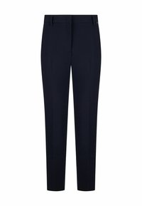 Pantalon habillé bleu marine avec passants de ceinture et fermeture frontale cachée, présenté à plat sur un fond blanc.