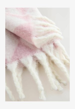 Pehmeä vaaleanpunainen ja valkoinen ruudullinen huivi, joka on valmistettu pörröisestä materiaalista ja jossa on fringed-reunat. Kevyt rakenne, joka antaa mukavan ilmeen.