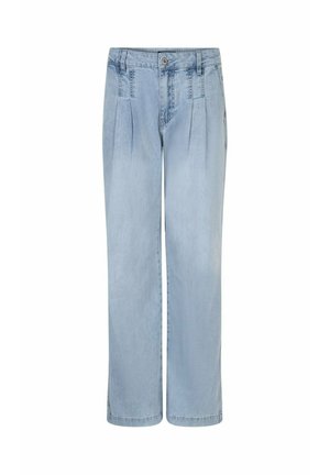 Lichtblauwe jeans met rechte pijpen en een hoge taille, voorzien van plooien aan de voorkant, riemlussen, knoopsluiting en zijzakken, afgebeeld op een witte achtergrond.