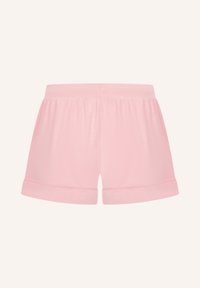 Roze katoenen shorts met een ontspannen pasvorm, met een zachte elastische tailleband en opgerolde manchetten. Glad textuur, eenvoudig ontwerp zonder patronen.