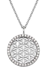 Collana con pendente in argento sterling caratterizzata da un design circolare con un motivo floreale, circondato da una fila di gemme trasparenti. La catena è a maglie.