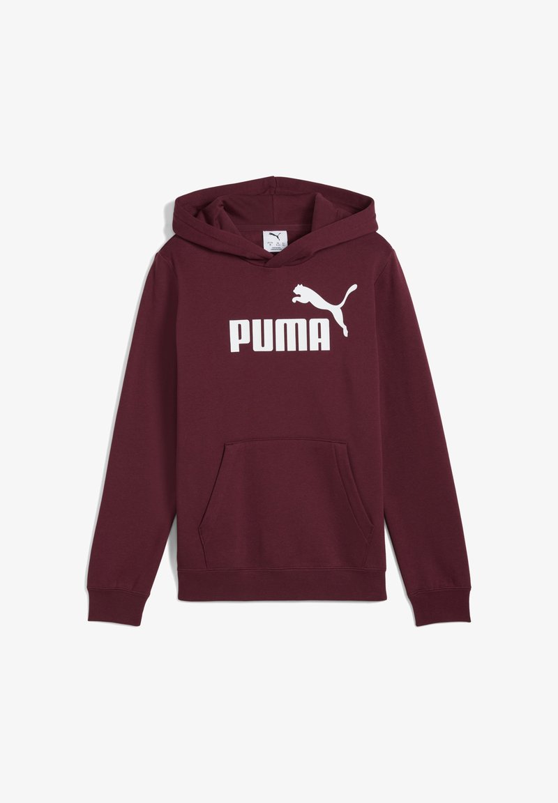 Bordeaux hættetrøje med et fremtrædende hvidt "PUMA" logo og en springende puma grafik, med en central lomme og hætte med snor.