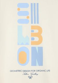 Póster geométrico con texto apilado en diferentes fuentes. Los colores incluyen azul claro, naranja y crema, con formas abstractas y líneas.