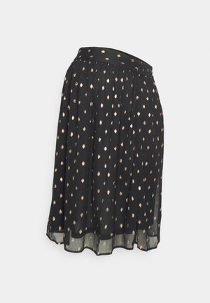 Fekete szoknya lebegő dizájnnal, arany pöttyös mintázattal és sima derékkal. Az anyaga könnyű, enyhén áttetsző szegéllyel.