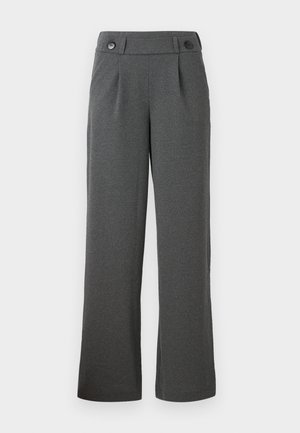 Grijze wijde broek gemaakt van textuurstof, met een hoge taille, plooien aan de voorkant en twee knopen op de tailleband.