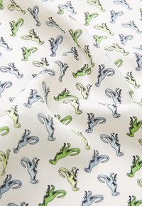 White fabric with a repeated pattern of small blue and green abstract figures, featuring curved shapes and fine black outlines. Smooth texture.