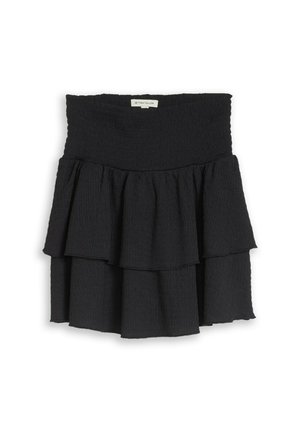 Schwarzer Stufen-Minirock mit einem breiten, gerafften Bund und Rüschenschichten, aus strukturiertem Stoff, mit dem Etikett Tom Tailor.