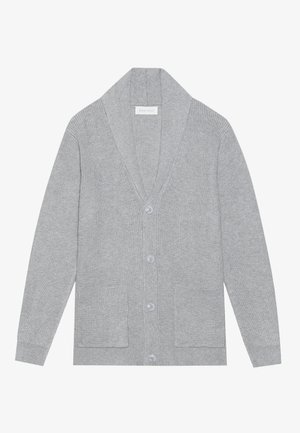 Light gray cardigan with a shawl collar, ribbed texture, five buttons down the front, and two front patch pockets.