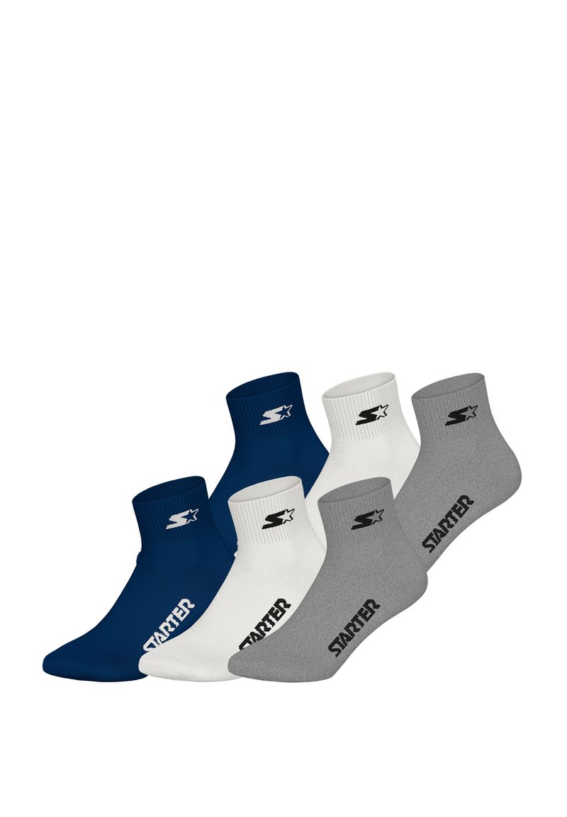 Four pairs of ankle socks: navy, white, and grey. Cotton blend, ribbed design, logo on the ankle area, and a comfortable fit.