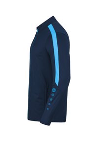 Giacca della marina con accenti azzurri, chiusura con zip, due tasche laterali e pannelli delle spalle testurizzati. Presenta dettagli con bottoni sulle maniche.