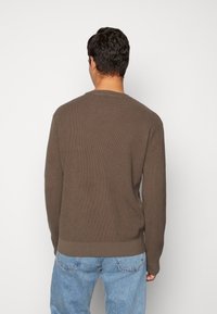 Pull en maille marron à col ras du cou, tissu texturé, poignets et ourlet côtelés, assorti à un jean en denim bleu clair. Vue de dos.
