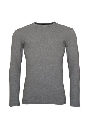 T-shirt gris à manches longues en tissu mélangé coton, avec un col rond et une coupe ajustée, sans motifs ni accents visibles.