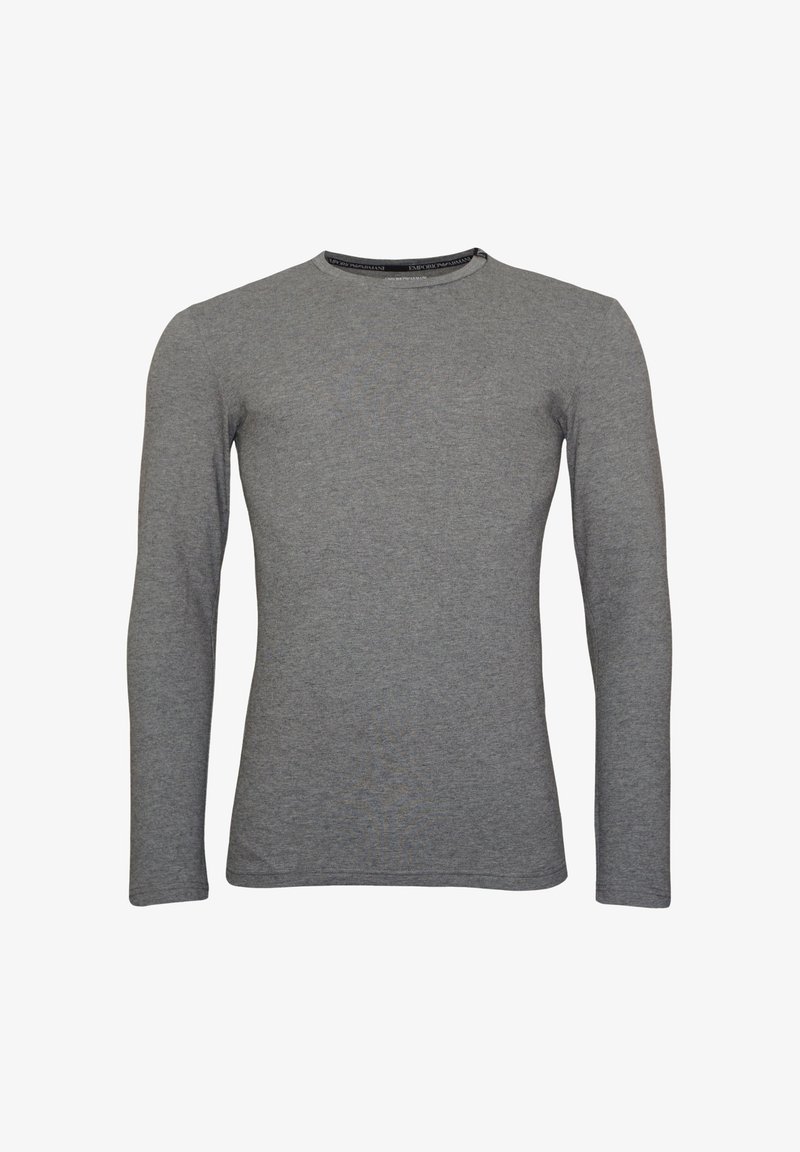 Tricou gri cu mânecă lungă, realizat dintr-un amestec de bumbac, având un guler rotund și un design ajustat, fără modele sau accente vizibile.