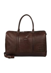 Borsa a duffel in pelle marrone scuro con texture a coccodrillo, manici doppi, tracolla regolabile e etichetta del marchio "Burkely" sul fronte.