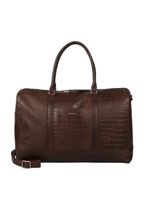 Borsa a duffel in pelle marrone scuro con texture a coccodrillo, manici doppi, tracolla regolabile e etichetta del marchio "Burkely" sul fronte.