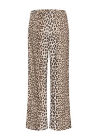 Leopardprint brede benbukser med elastisk talje. Fremstillet af blødt stof, med en lys beige baggrund og mørkebrune pletter.