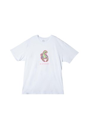 White cotton t-shirt featuring a colorful scorpion graphic and the text "SATURDAYS" below. Short sleeves, round neckline, relaxed fit.