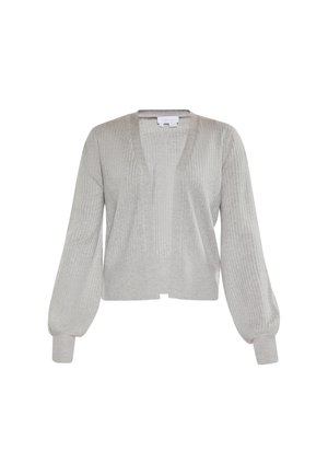 Cárdigan de punto gris claro con textura acanalada, escote en V profundo y mangas largas abullonadas. Largo cortado y diseño de abertura frontal.