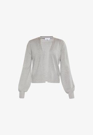 Cárdigan de punto gris claro con textura acanalada, escote en V profundo y mangas largas abullonadas. Largo cortado y diseño de abertura frontal.