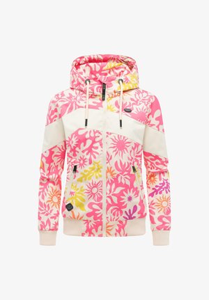 Rosa Kapuzenjacke mit weißem diagonalen Streifen, floralen und abstrakten gelben, orangefarbenen und violetten Mustern, Reißverschluss vorne und Kapuze mit Kordelzug.