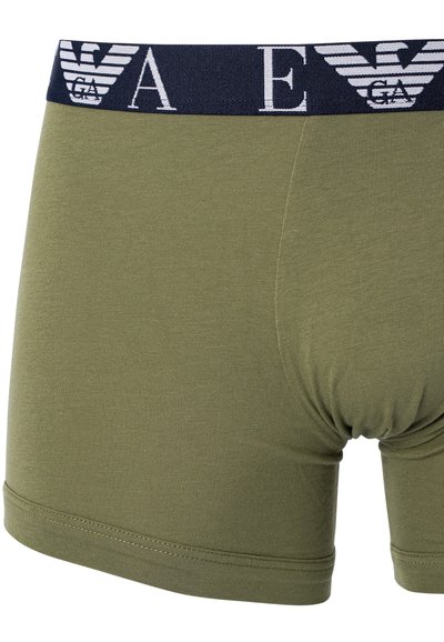 Olive green boxer shorts made of soft, stretchy fabric. Features a navy waistband with white logo and lettering, ensuring a secure fit.
