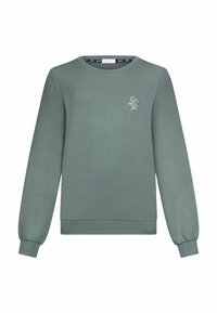 Sweat-shirt vert en tissu lisse, avec un col rond, des manches longues à poignets côtelés, et un petit logo brodé sur la poitrine.