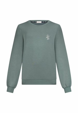 Sweat-shirt vert en tissu lisse, avec un col rond, des manches longues à poignets côtelés, et un petit logo brodé sur la poitrine.