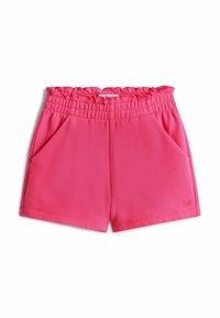 Pantalones cortos fucsia con una cinturilla elástica con volantes, dos bolsillos laterales, una textura suave y detalles de costura. Sin marcas visibles.